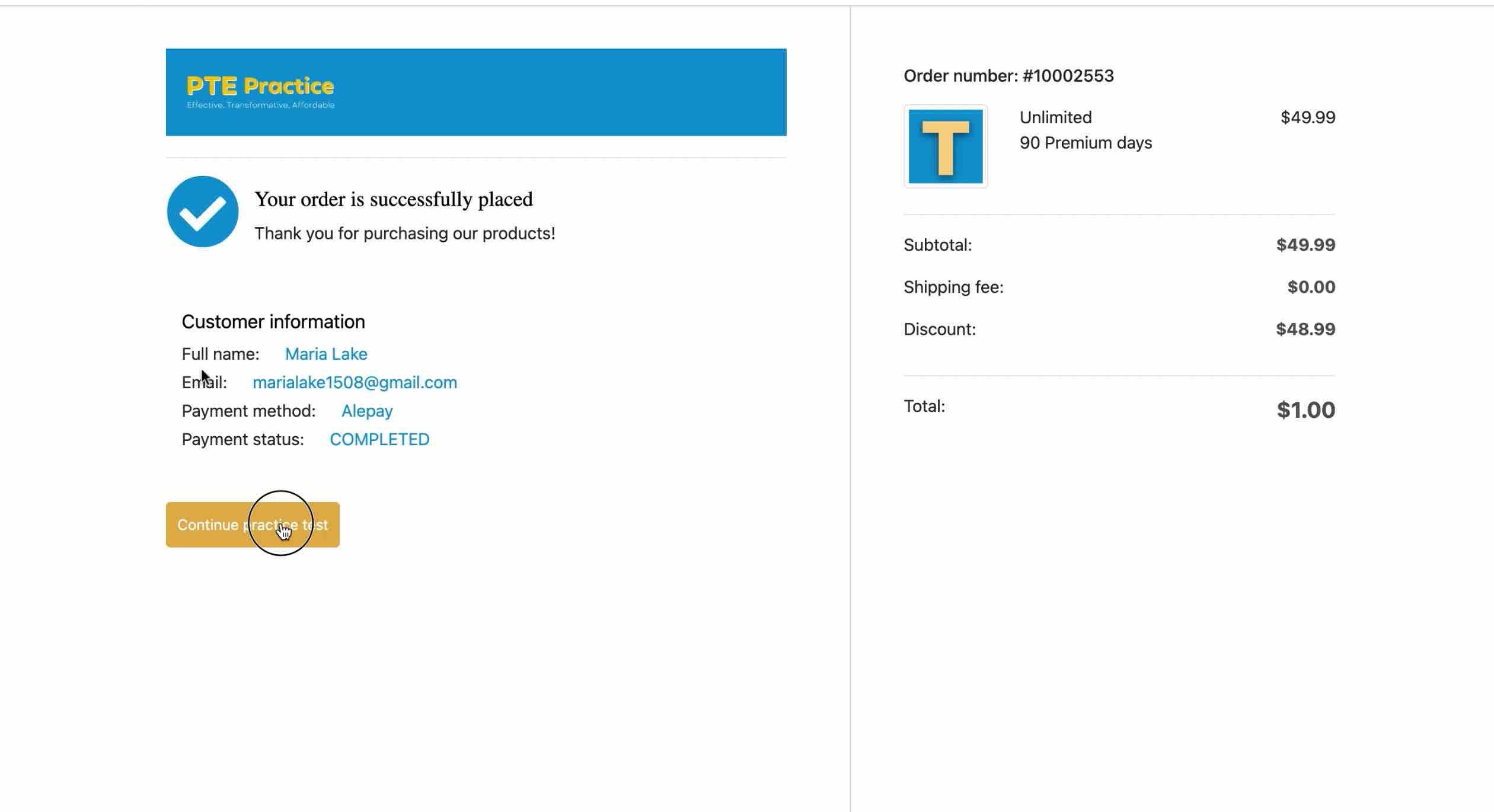 Pay via AlePay step 5, PTE Practice Platform, PTE Academic, Pearson Test of English, PTE Practice Materials